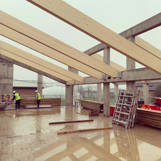 The glue lam beams have just been installed at the STEM Building St. Helen’s School, Northwood.